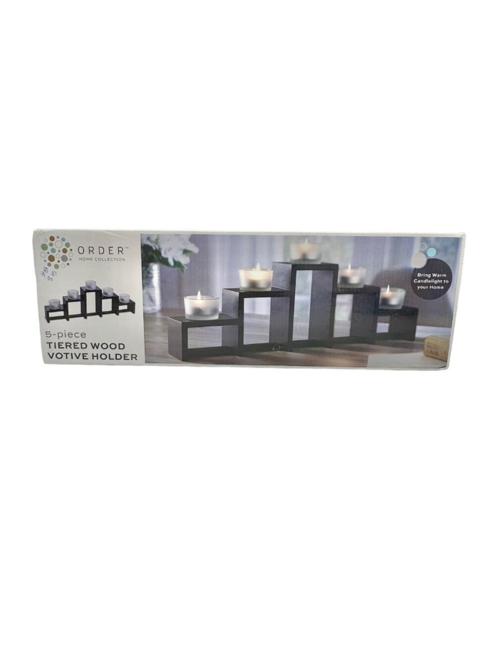 Order Home Collection 5 pc Tiered Wood Glass Votive Holder with Candles NIB